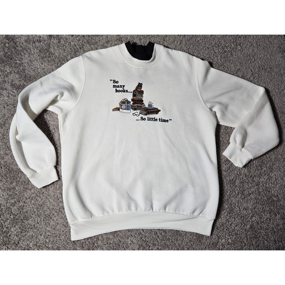 Vintage BonWorth Mock Crewneck So Many Books Owl Fleece Women's Medium White